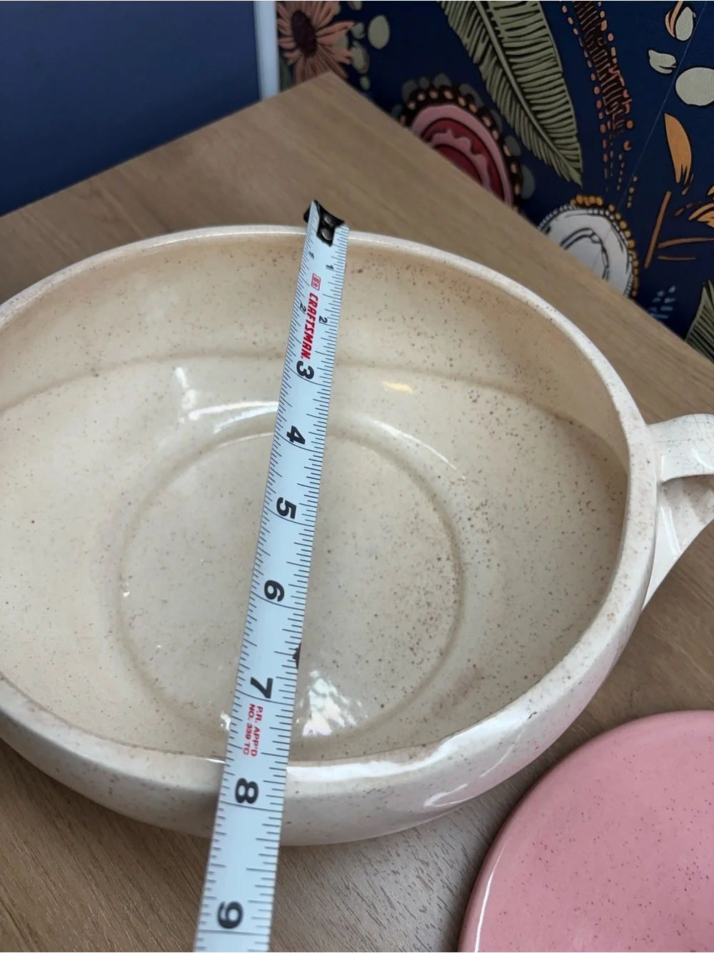 Vintage California Pottery MCM Casserole Dish Speckled White w Pink Lid